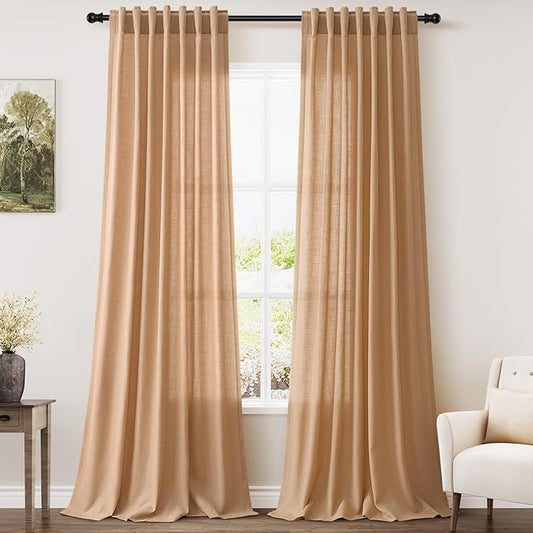 Camel Linen Curtains 120 Inch Extra Long for Living Room Back Tab Semi Sheer Light Filtering Drapes Modern Farmhouse Boho Decor Cotton Textured Curtain for Floor to Ceiling High Window 52x120