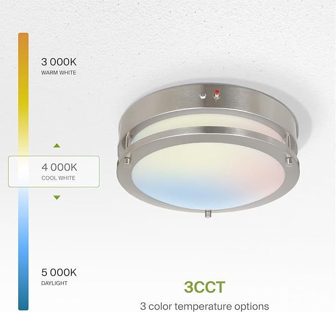 ASD LED 12" Round Flush Mount Lighting, Close to Ceiling Light Fixture | 3CCT, Dimmable, Battery Backup, ETL Listed | 20W 1876LM 3000-5000K 100-277V | Low Profile Double Ring Lamp | Nickel