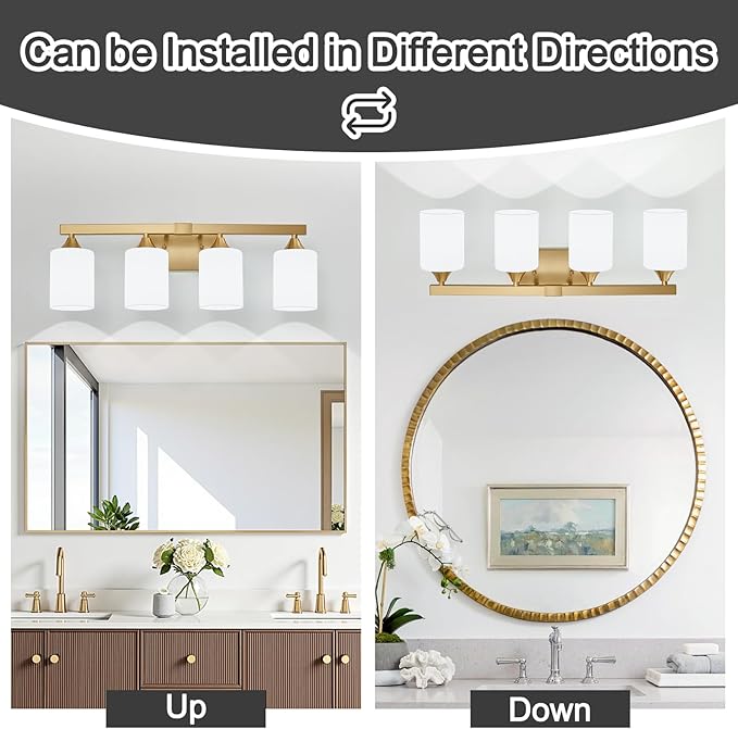 ZHU YAN 4-Light Bathroom Lighting Fixtures Over Mirror,Gold Bathroom Light Fixtures,Modern Wall Sconces Milky White Glass Shades for Bathroom Vanity Light,E26 Base