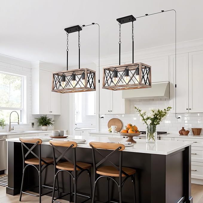 Plug in Pendant Light，3-Light Dining Room Light Fixture Over Table,Plug in Chandelier for Kitchen Sink，Farmhouse Metal Kitchen Pendant Lighting Over Island, Wood Grain Finish.