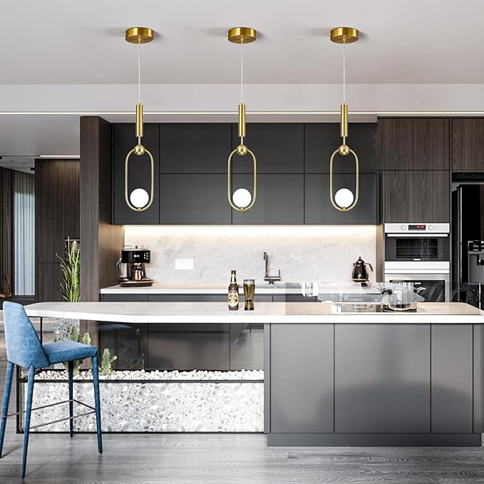 Modern Oblong Glass Pendant Light fixtures 1-Light, Simplicity Gold Pendant Lighting, Mid Century Chandelier for Kitchen Island Dining Room Bedroom Entryway Hallway(3-Pack)