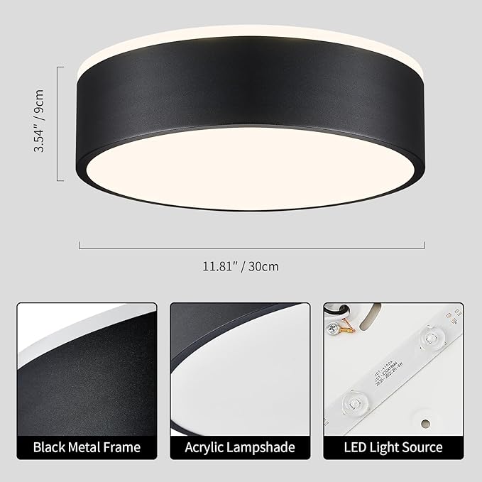 Vikaey Black LED Ceiling Light, Modern Flush Mount Ceiling Light Fixture, Not Dimmable Minimalist Round Metal Lighting Fixture Ceiling Lamp for Hallway, Entryway, Bedroom, Balcony, 11.81 Inch