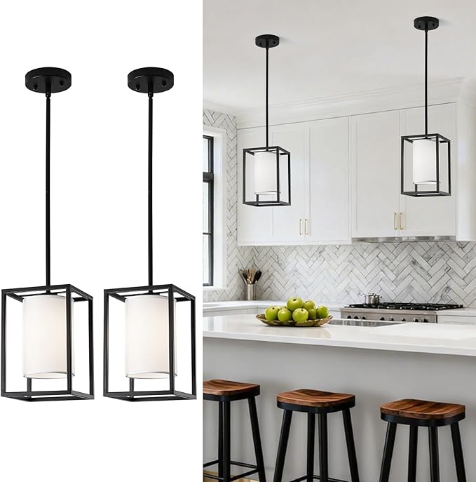 Black Pendant Lights Kitchen Island 2 Pack, Modern Small Lantern Kitchen Pendant Lighting Over Island, Farmhouse Kitchen Island Lights Ceiling Hanging, Industrial Cage Pendant Light Fixtures