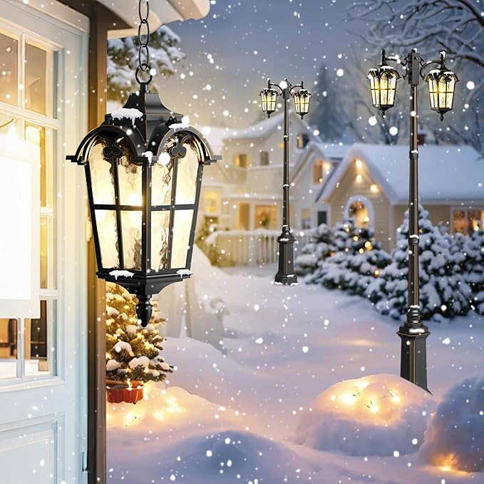 Outdoor Pendant Light Dusk to Dawn for Porch,Anti-Rust Aluminum Outdoor Chandelier, Waterproof Exterior Hanging Lighting Fixtures for Front Door, Gazebo, Black Finish with Gold Edges
