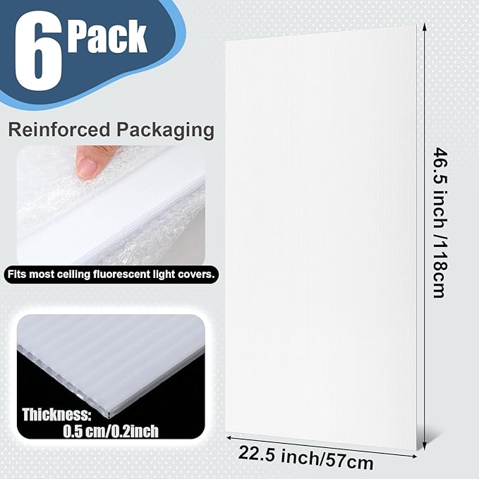 Pushglossy 6 Pack 22.5" x 46.5" x 0.2" Fluorescent Light Covers Replacement, Cuttable Polycarbonate Diffuser Panels for Drop Ceiling Light Fixture for Office Classroom Commercial Use (Milky White)