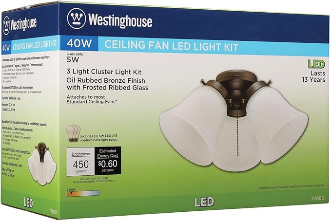 Westinghouse 7785000 Three-Light Led Cluster Ceiling Fan Light Kit, Oil Rubbed Bronze Finish with Frosted Ribbed Glass, White (Pack of 2)