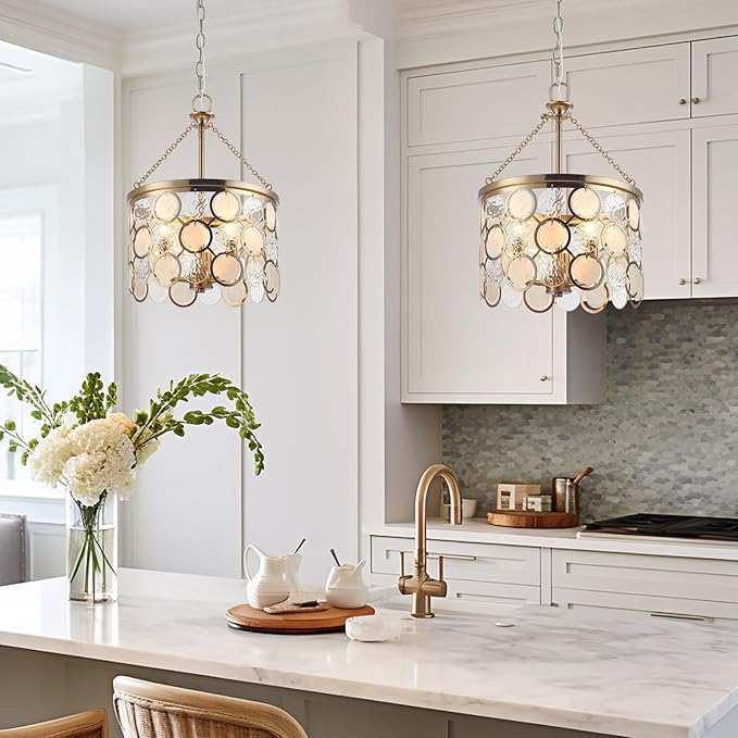 Kira Home Estelle 18" Modern Gold Pendant Light, Coastal Wavy Glass & Capiz Shell Gold Chandelier, 3-Light, Cool Brass Finish