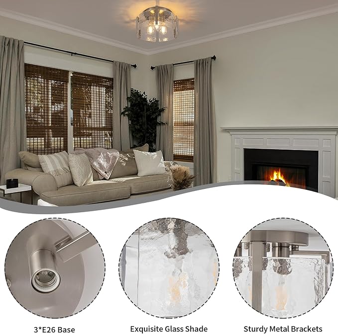 Nickel Semi Flush Mount Ceiling Light Fixture, 14-Inch Glass Drum Flush Mount Light Modern Foyer Lighting Fixtures Farmhouse Kitchen Lights for Entryway Hallway Bathroom Laundry Room Bedroom