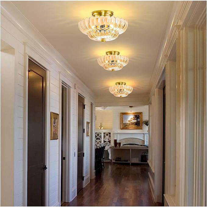 Semi Flush Mount Ceiling Light Fixture Vinatge Gold Ceiling Lights Mid Century Modern Glass Close to Ceiling Lighting Fixtures for Bedroom Hallway Foyer Bathroom Kitchen Laundry Room Nursery