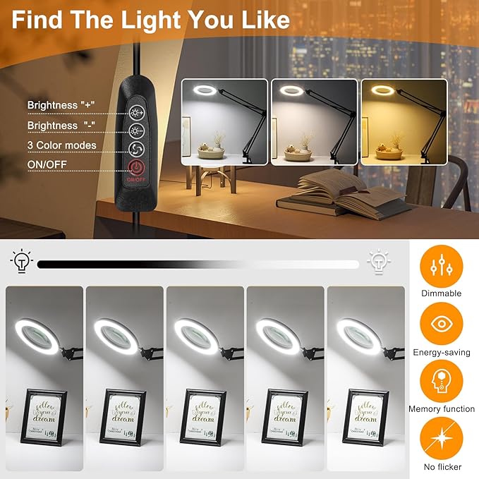 Large 10X Magnifying Glass with Light, 5 in Real Glass Stand Lighted Magnifier, 3 Color Modes Steepless Dimmable LED Magnifying Desk Lamp with Clamp, Hands Free for Close Work Crafts Hobby