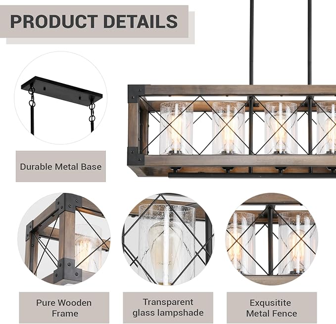 Farmhouse Kitchen Island Lighting, 5-Light Dining Room Light Fixture Over Table, Rustic Wooden Rectangle Chandelier, Pool Table Pendant Light Fixtures with Clean Glass Shade