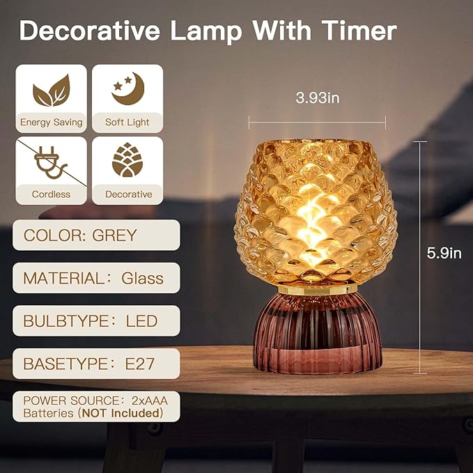Battery Operated Lamp with Timer, Cute Small Cordless Glass Table Lamp for Home Decor, Kitchen, Bathroom, Birthday Gift for Women, Pinecone, Amber, 2 Pack