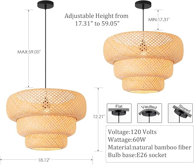 18.5" Bamboo Pendant Light,Boho Rattan Hanging Light 3-Tier Hand Woven Wicker Chandelier for Kitchen Island for Kitchen Island Dining Bedroom Living Room Restaurants