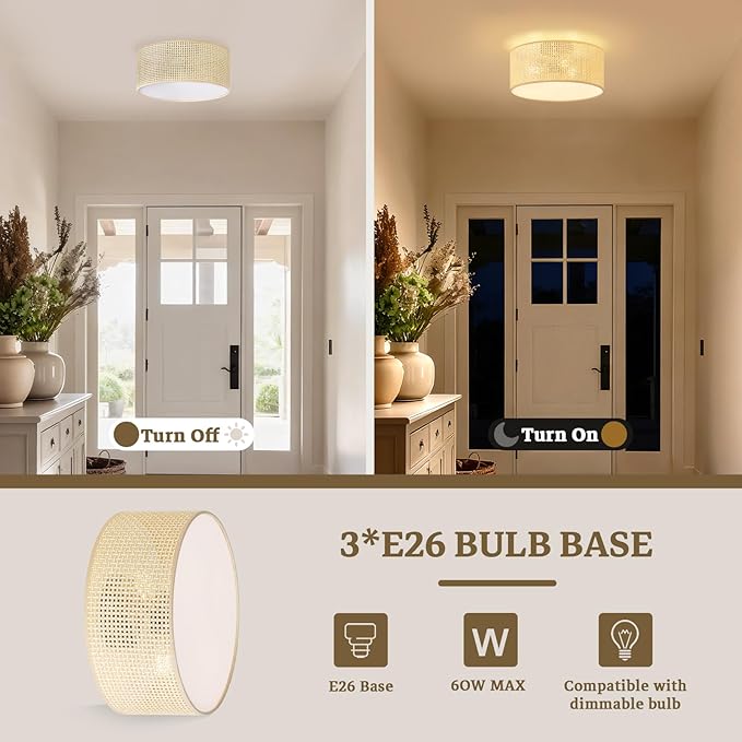 13Inch Boho Semi Flush Mount Ceiling Light,Natural Woven Drum 3-Light Ciling Fixture for Bedroom,Living Room,Dining Room,Kitchen,Hallway,Entryway,Coastal and Scandinavian Style Lighting