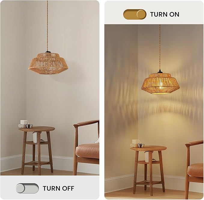 Epinl Hanging Lamp Plug in Pendant Light - Boho Hanging Light 11.8 inch Rattan Pendant Lights for Ceiling Dimmable Hanging Lamps for Living Room Bedroom Kitchen Farmhouse with 23ft Cord