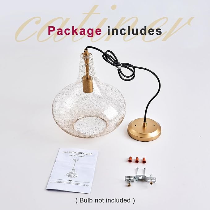 CATINER Handcrafted 11-Inch Mid-Century Modern Brass Gold Pendant Light with Seeded Glass Shade - Elegant Dining Room Pendant Light