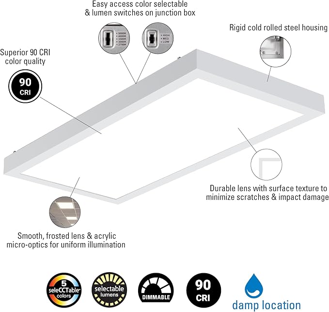 Metalux MMS Multi-Mount 1x2 LED Panel Ceiling Light with 5 CCT and Lumen Select, 0-10V Dimming, Surface Mount, Recessed, Suspended, Wall Mount, 90 CRI - 12MMS-L3C5-UNV