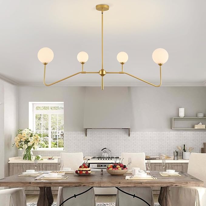 Modern Linear Chandelier for Dining Room,Glass Globe Kitchen Island Light, Mid-Century Sputnik Ceiling Light Fixture with Brushed Gold Finish & Milk Glass Shades, Adjustable Rod Hanging Lighting