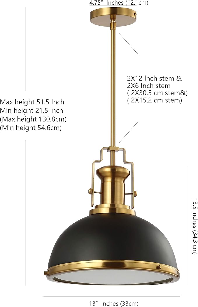 JONATHAN Y 13" Black/Brass Gold Modern Industrial Iron LED Dome Pendant Light, Adjustable Hanging Fixture for Kitchen Island or Entryway, Black Metal Shade, LED Bulb Included (JYL9536A)