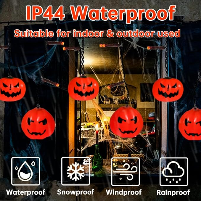 6FT 25LED Halloween Pumpkin Icicle Light, Decorative String Light with 10 Pumpkins, 8 Lighting Modes, Battery Operated, Indoor Outdoor Holiday
