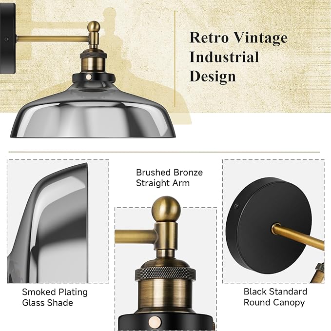 Vintage Wall Sconces Set of 2 Indoor 110V Hardwired Smoked Glass Wall Mounted Lamp Light Fixtures for Bathroom Vanity Kitchen Hallway Stairway, Anti-Rust Brushed Bronze Finish, E26 Base, WS-23061-D2