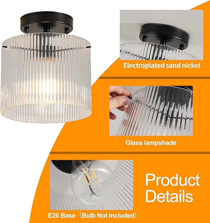 Modern Semi Flush Mount Ceiling Light, Industrial Clear Glass Ceiling Light, Crystal Ceiling Lamp, Farmhouse Hallway Light Fixtures for Entryway Kitchen Dining Room, Black