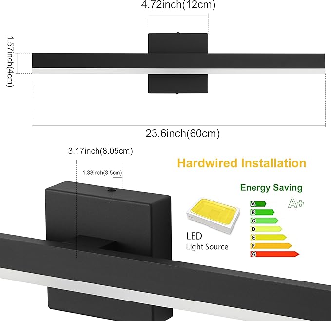 Black Bathroom Vanity Light 23.6 inch, 20W Dimmable 5CCT LED Modern Bathroom Light Fixture Over Mirror Hardwired- ETL Certificated