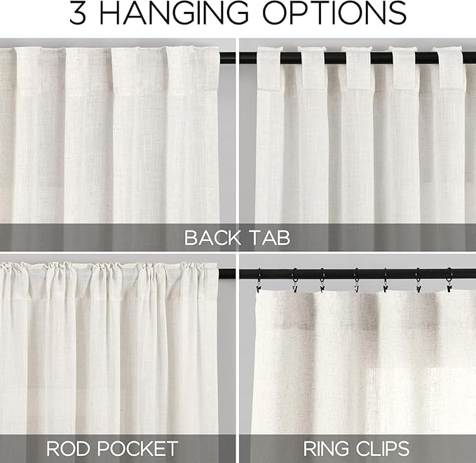 Nanspring 24 Inch Linen Curtains for Kitchen Beige White Small Window Semi Sheer Curtains Back Tab and Rod Pocket Light Filtering Drapes for Basement Short Cafe Curtain, 40 x 24 Inch,2 Panels