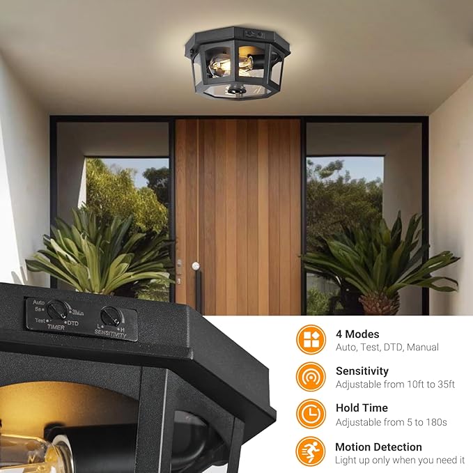 Outdoor Ceiling Light Fixture, Motion Sensor Flush Mount Porch Lights, Exterior Dusk to Dawn Lamp with Activated Detector, Modern Waterproof Lighting for Garage, Entryway, Patio, Front Door