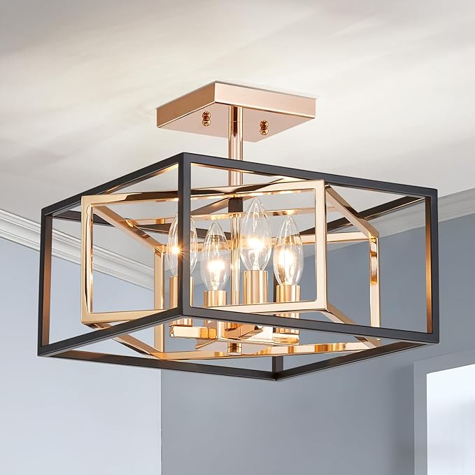 AGV LIGHTING CL055G Modern Semi-Flushmount Ceiling Light Fixture, Square Ceiling Light, E12 Base 4-Lights, L12 x W12 x H10, Matte Black & Shinny Gold Finish