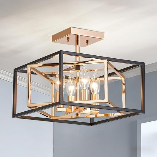AGV LIGHTING CL055G Modern Semi-Flushmount Ceiling Light Fixture, Square Ceiling Light, E12 Base 4-Lights, L12 x W12 x H10, Matte Black & Shinny Gold Finish