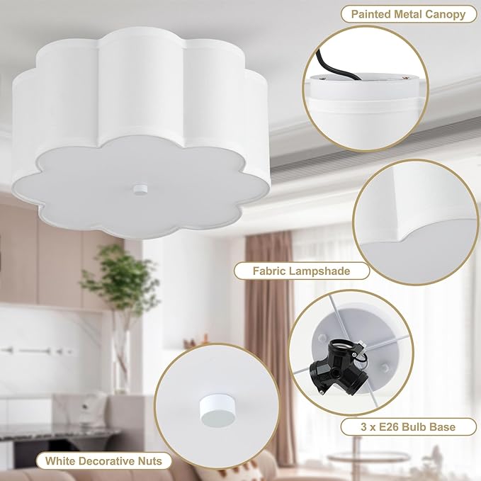 13.4"Semi Flush Mount Ceiling Light Fixture, 3-Light Modern Close to Ceiling Light With Fabric Flower-Shaped Shade, Light Fixtures Ceiling Mount for Bedroom Nursery Kids Room Living Room(White)