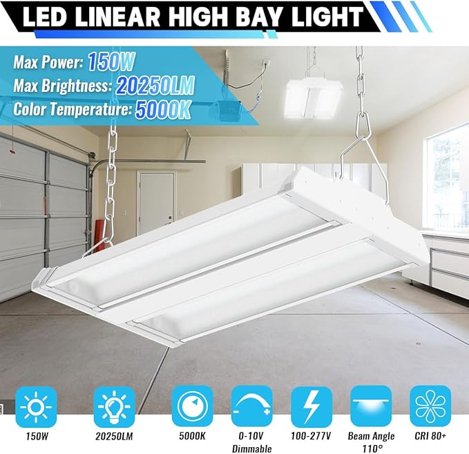 Allsmartlife LED Linear High Bay Light 4-Pack, 150W 20250LM 0-10V Dimmable 5000K Daylight, Adjustable Tilt Hanging LED High Bay Shop Lighting Fixtures for Garage Warehouse Workshop, ETL