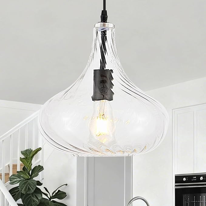 VILUXY Glass Pendant Lights 11inch Large Modern Black Pendant Lighting Fixtures for Kitchen Island Striped Shade 1 Light Single Ceiling Hanging Light for Kitchen Sink Dining Room Hallway, UL Listed