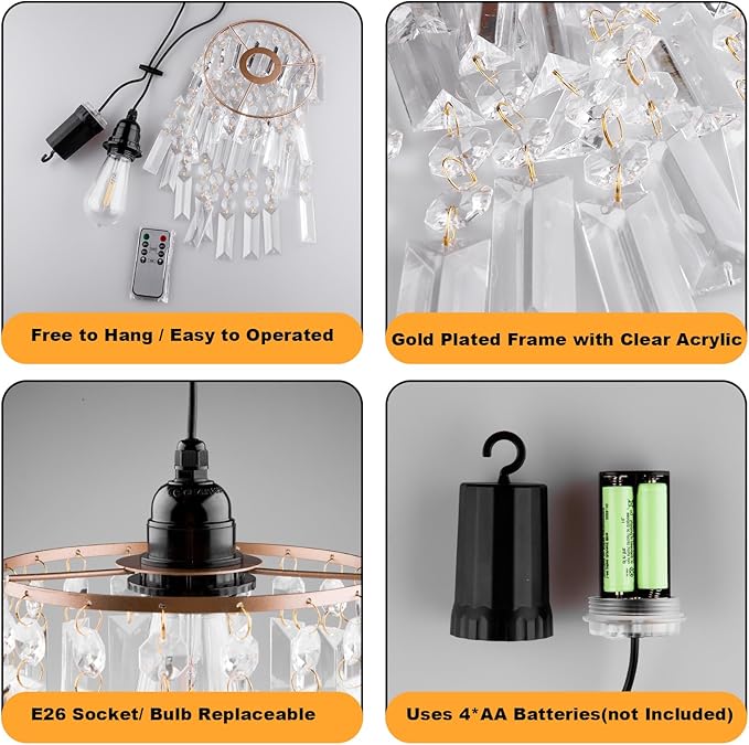TWINKVILLA Battery Operated Chandelier, 2Pack Hanging Gazebo Lights, Acrylic Crystal Beaded Pendant Lights Outdoor Waterproof for Patio Tree Pergola Porch and Indoor Decor (2)