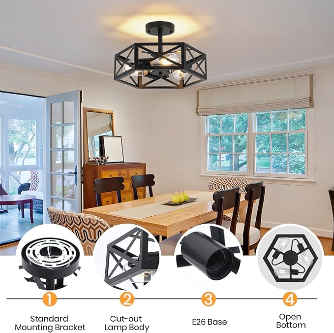 Farmhouse Light Fixtures Ceiling Mount, 3-Light Black Semi Flush Mount Ceiling Light Fixture, Close to Ceiling Hallway Lights, Industrial Rustic Ceiling Lights for Bathroom, Entryway, Kitchen