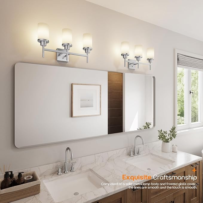 Bathrom Light Fixtures Brushed Nickel 3-Light with White Frosted Glass Shade, Modern Wall Lamps Over Mirror for Bath Washroom Living Room T001BR-L3