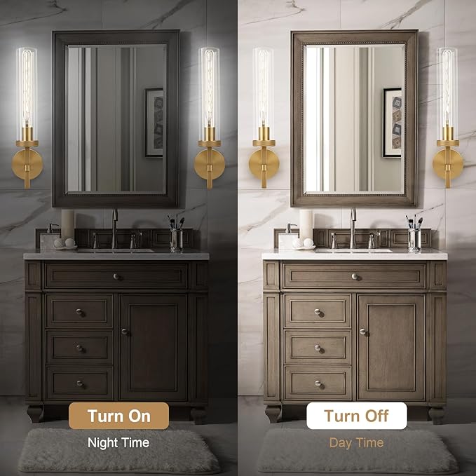 Brass Wall Sconces Set of Two with White Lights, 19.5'' Brushed Brass Knurled Bathroom Sconces Wall Lighting Vanity Light with Clear Glass for Living Room Mirror Bedroom Stairs
