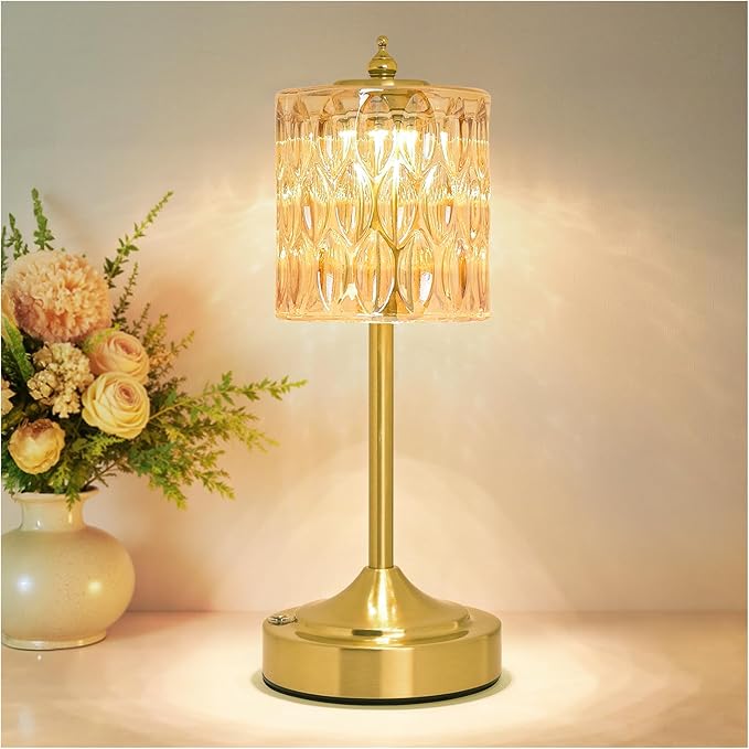 Cordless Crystal Table Lamp, 5200mAh Rechargeable Battery, 3 Color Dimmable Touch Control, Portable Vintage Gold Desk Lamp for Bedroom, Nightstand, Living Room, Home Decor (Amber-2)