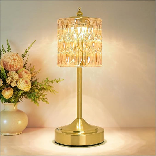 Cordless Crystal Table Lamp, 5200mAh Rechargeable Battery, 3 Color Dimmable Touch Control, Portable Vintage Gold Desk Lamp for Bedroom, Nightstand, Living Room, Home Decor (Amber-2)