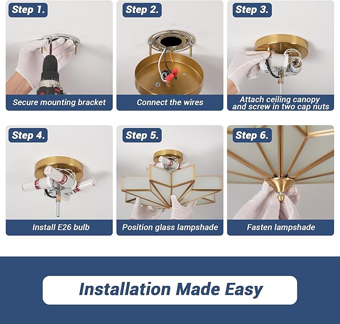 Brass Flush Mount Ceiling Light with Ceramic Light Socket, Star Shaped Ceiling Light Fixture, Mid Century Glass Ceiling Mount Lamp for Entryway, Hallway, Nursery (Rippled Glass, 15.7")