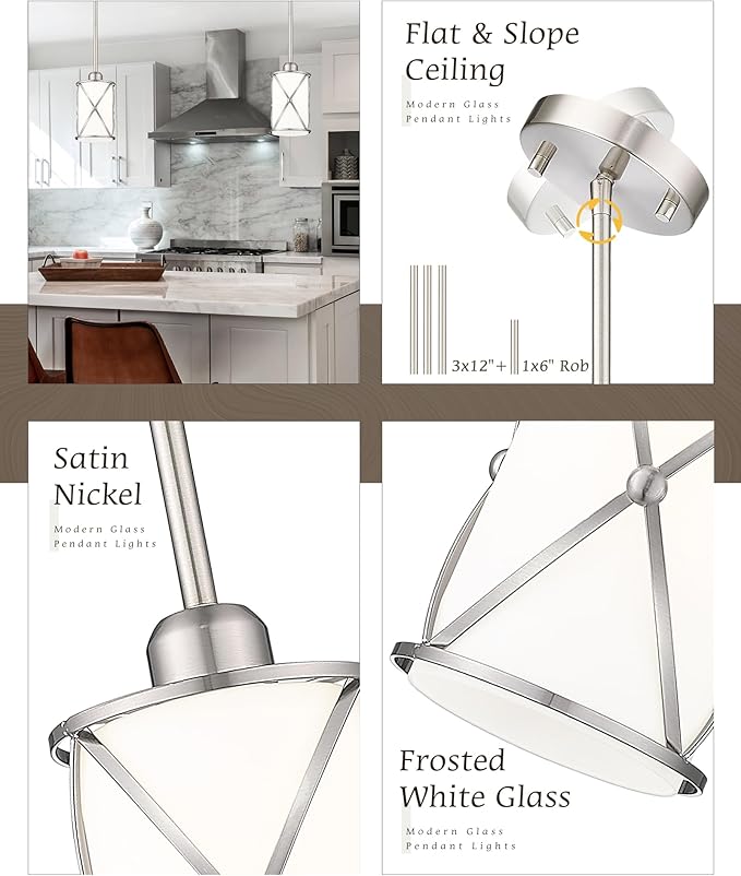 Brushed Nickel Pendant Lights Kitchen Island 2 Pack, Modern Glass Pendant Light Fixtures with Frosted Glass and Rods, Mini Hanging Lighting for Kitchen Sink Bathroom, CH9176BNW-2PK