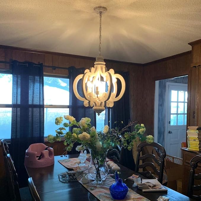18 Inch Farmhouse Wood Chandelier, 6-Lights Dining Room Light Fixtures Over Table, White Chandelier Light Fixture, Rustic Chandelier for Kitchen Island, Hallway, Foyer