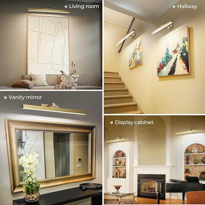 Afyuol Picture Lights for Wall, Brushed Gold Battery Operated Picture Light 24in Art Light CCT Dimmable Recharging Battery Wall Light with Remote Control for Living Room Gallery