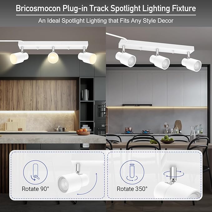 Plug-in Track Lighting LED, Track Light Fixtures Ceiling, White 3-Light Ceiling Lights for Kitchen, 3 Way Spotlight with Cord, Rotatable Wall Mount Light Head for Bedroom Hallway, Bulb Not Included