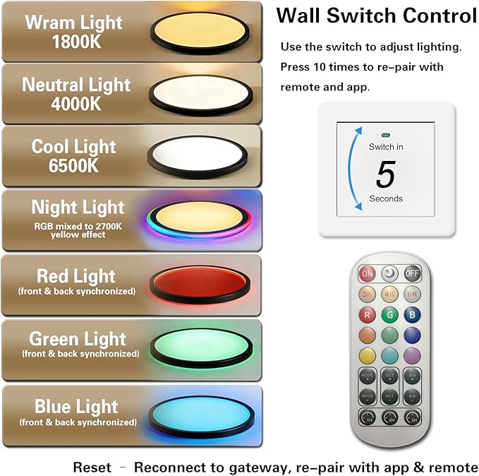 Flush Mount Ceiling Light for Bedroom： Led Ceiling Light 12 Inch - RGB Rear Color, Living Room,Black, 1-Pack