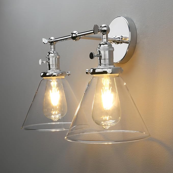 PERMO Double Sconce Chrome Industrial 2-Lights Wall Sconces with Funnel Flared Glass Clear Glass Shade Vanity Light for Bedroom (Chrome)