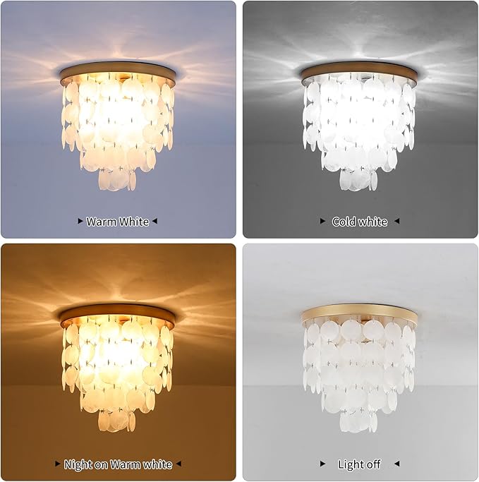 11.8" Capiz Shell Ceiling Light Fixtures, 3 Light Boho Shells Flush Mount Ceiling Light for Bedroom, Hallway, Entryway, Bathroom, Brushed Brass
