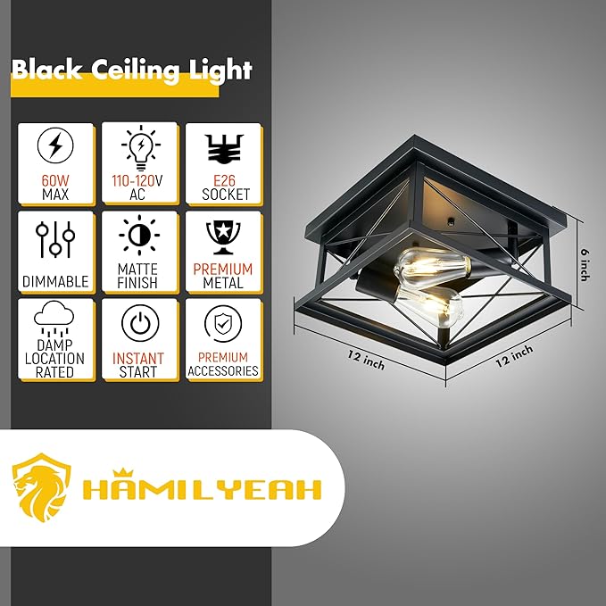 Hamilyeah Industrial Flush Mount Ceiling Light Fixture Black, Farmhouse Close to Ceiling Light Fixture for Bedroom, Living Room, Porch, Hallway, Outdoor, Kitchen Lights Ceiling Mount