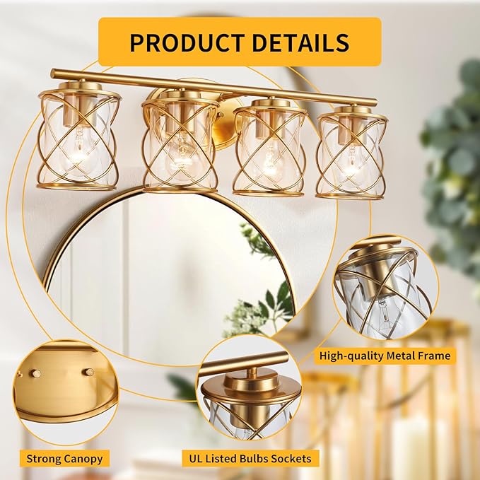 mavcadonf Bathroom Vanity Light Fixtures Over Mirror, 4 Lights Modern Bathroom Wall Lamp for Mirror Kitchen Living Room Hallway Cabinet Porch, Farmhouse Wall Lights with Cage Shade, Brushed Gold